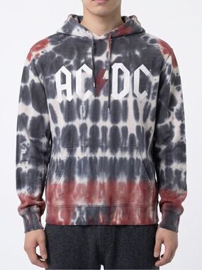 AC/DC Tie Dye Hoodie Men’s‎ S Black Red Pullover Lightning Logo